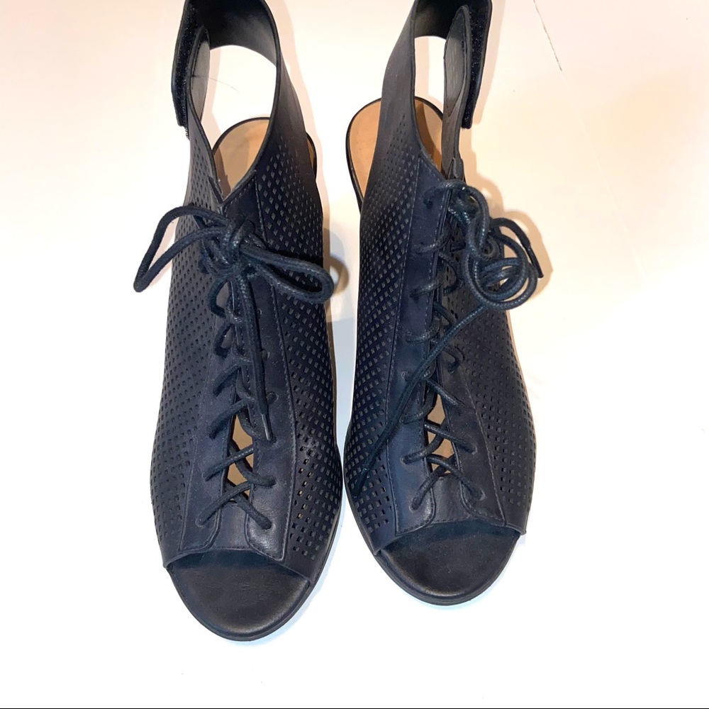Call It Spring perforated chunky lace up peep toe heeled sandal size 9 black